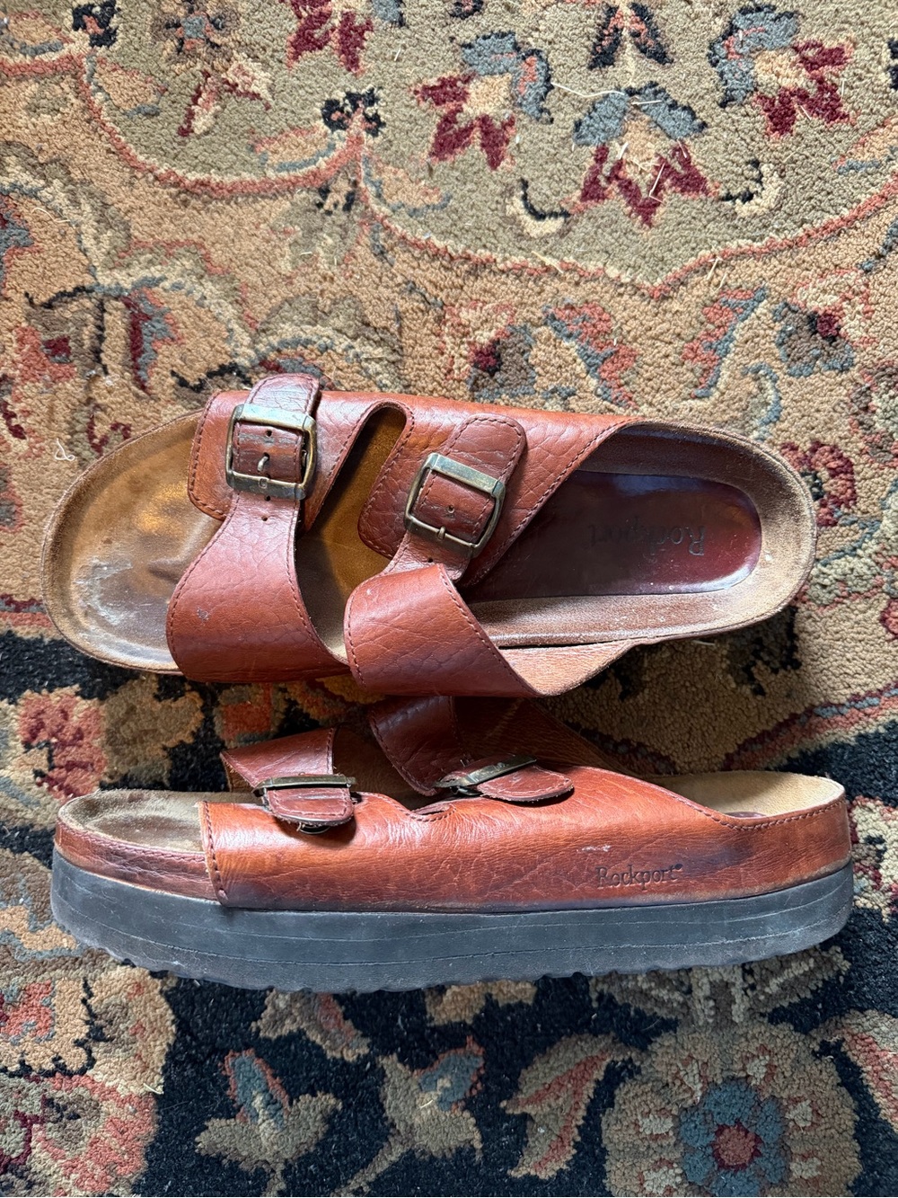 Rockport Men's Brown Double-Buckle Leather Slide Sandals